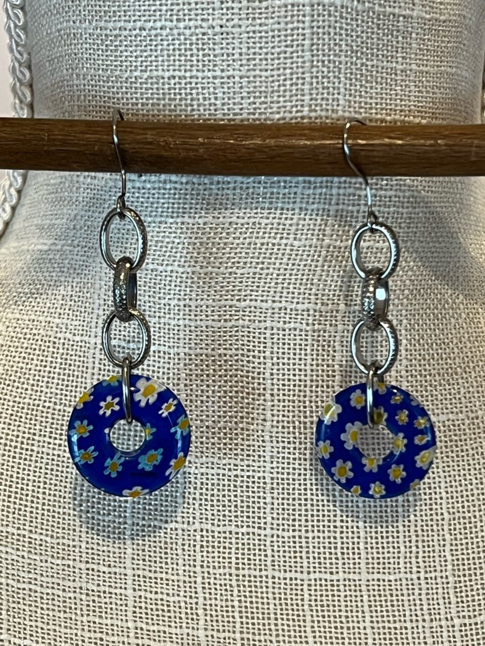 Blue Floral Glass  Donut Dangle Earrings